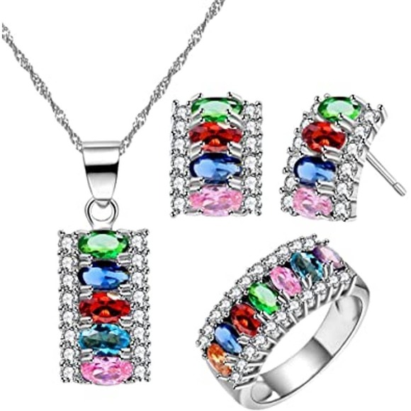Rainbow Gems Platinum Plated Necklace Earring Ring Rhinestone Bracelet Ring Set - Picture 1 of 8